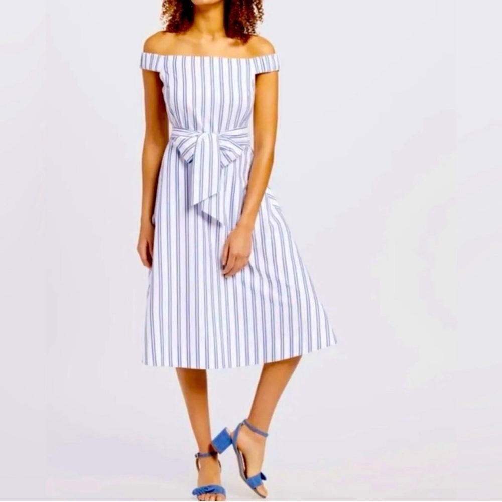 Draper James Off the Shoulder White & Blue Multi Striped Dress Size 0 - Picture 16 of 16